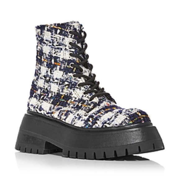 Aqua Sarge Navy Tweed Lace-Up Platform Ankle Boots, Size 8 New in Box
